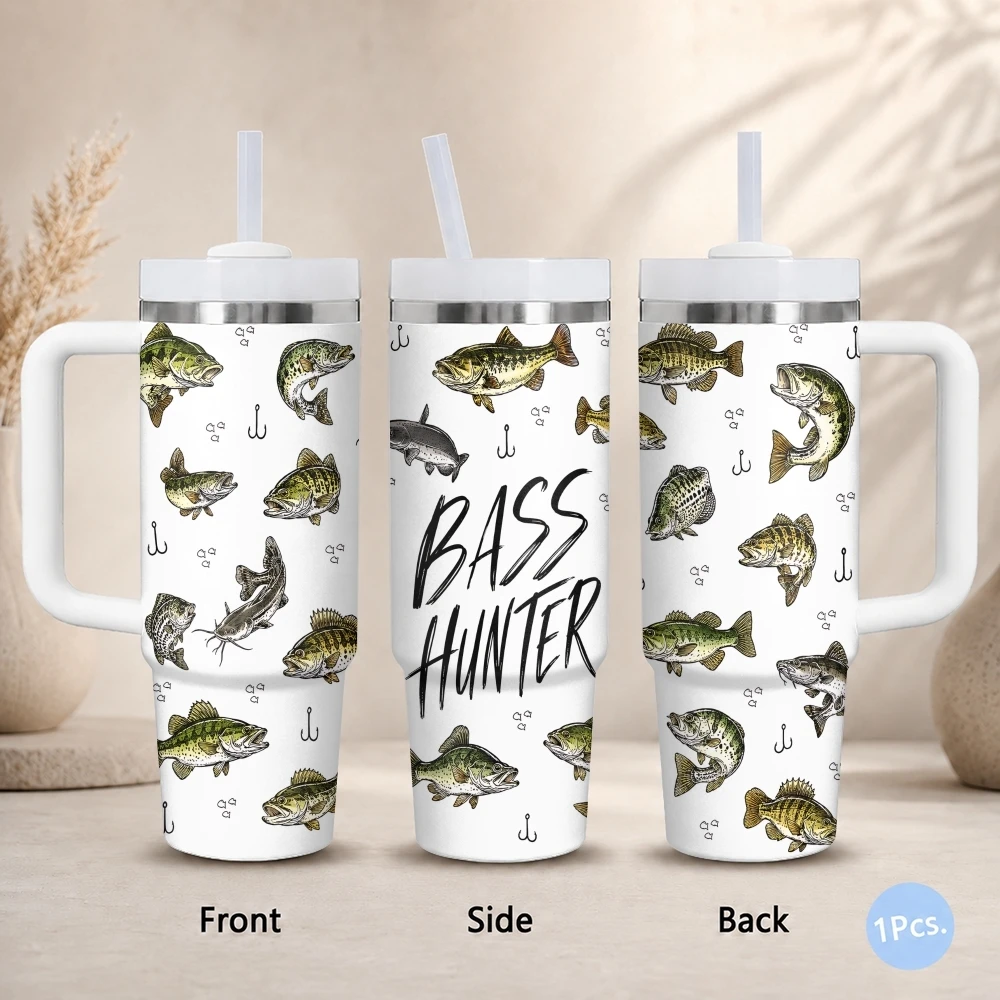 Outdoor Angler Fish Line Art Lake Ocean Vacuum Flasks 40oz Stainless Steel Insulated Tumbler Handle & Straw Leakproof Travel Mug