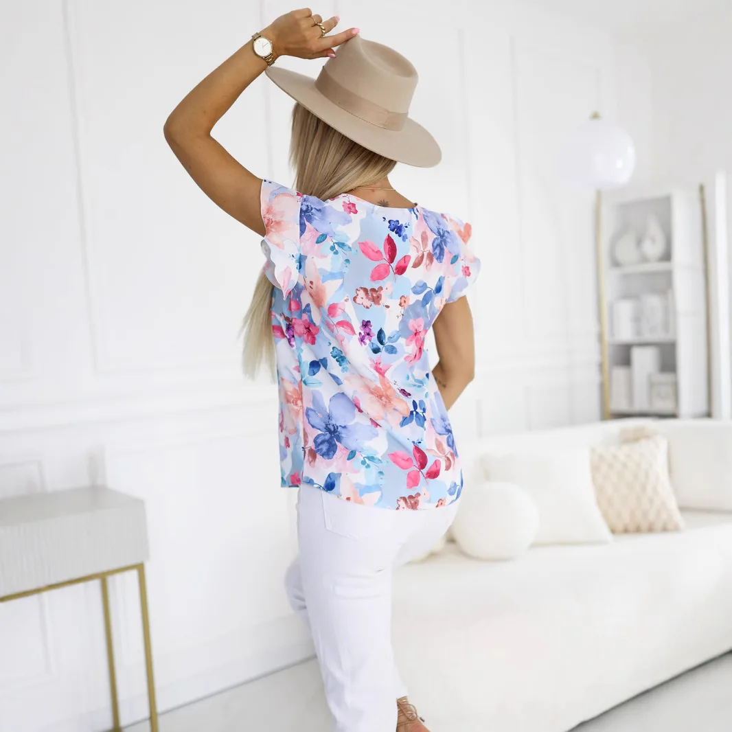 New Summer Women's Shirt Short-sleeved Plant Print V-neck Ruffled Fashion Top Simple Basic Versatile Blouses