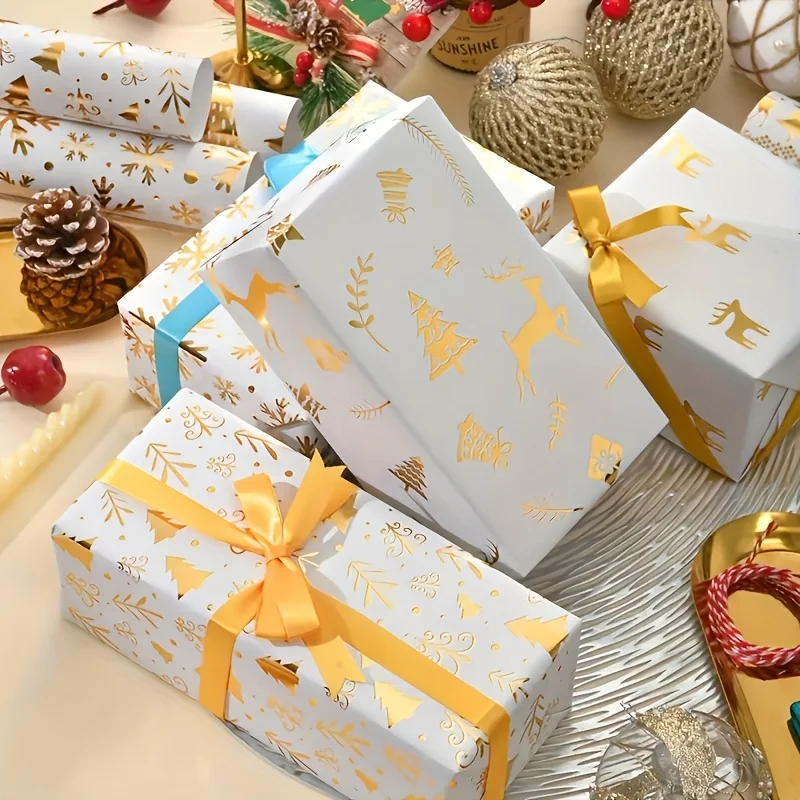 

6pcs Elegant Christmas Gift Wrapping Paper with Golden Reindeer&Tree Design- Sparkling Foil Accents,Perfect for Holiday Presents
