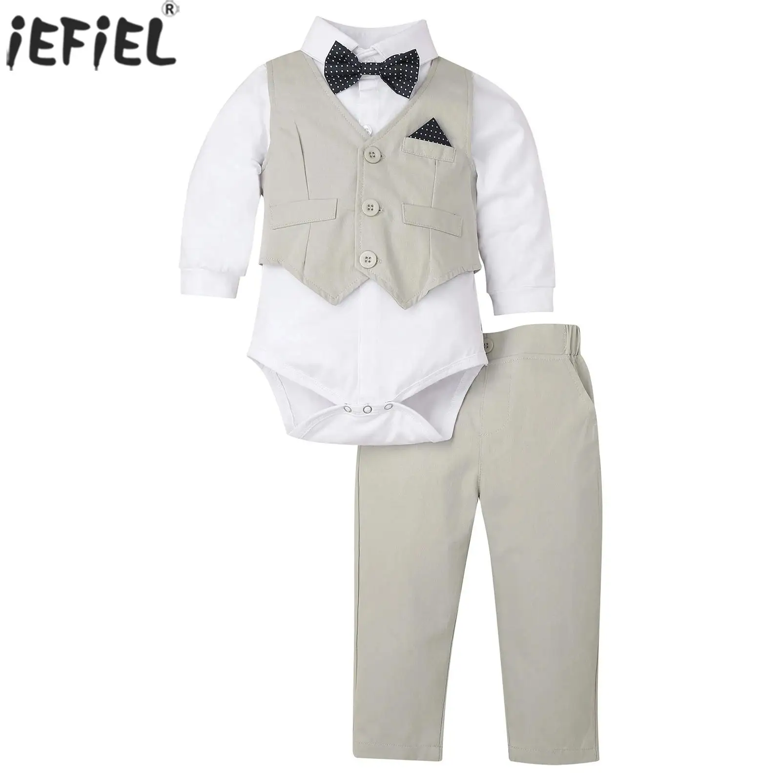 

Toddler Baby Boys Spring Autumn Gentleman Suit Long Sleeve Romper with Waistcoat Pants Bow Tie Birthday Wedding Party Outfits