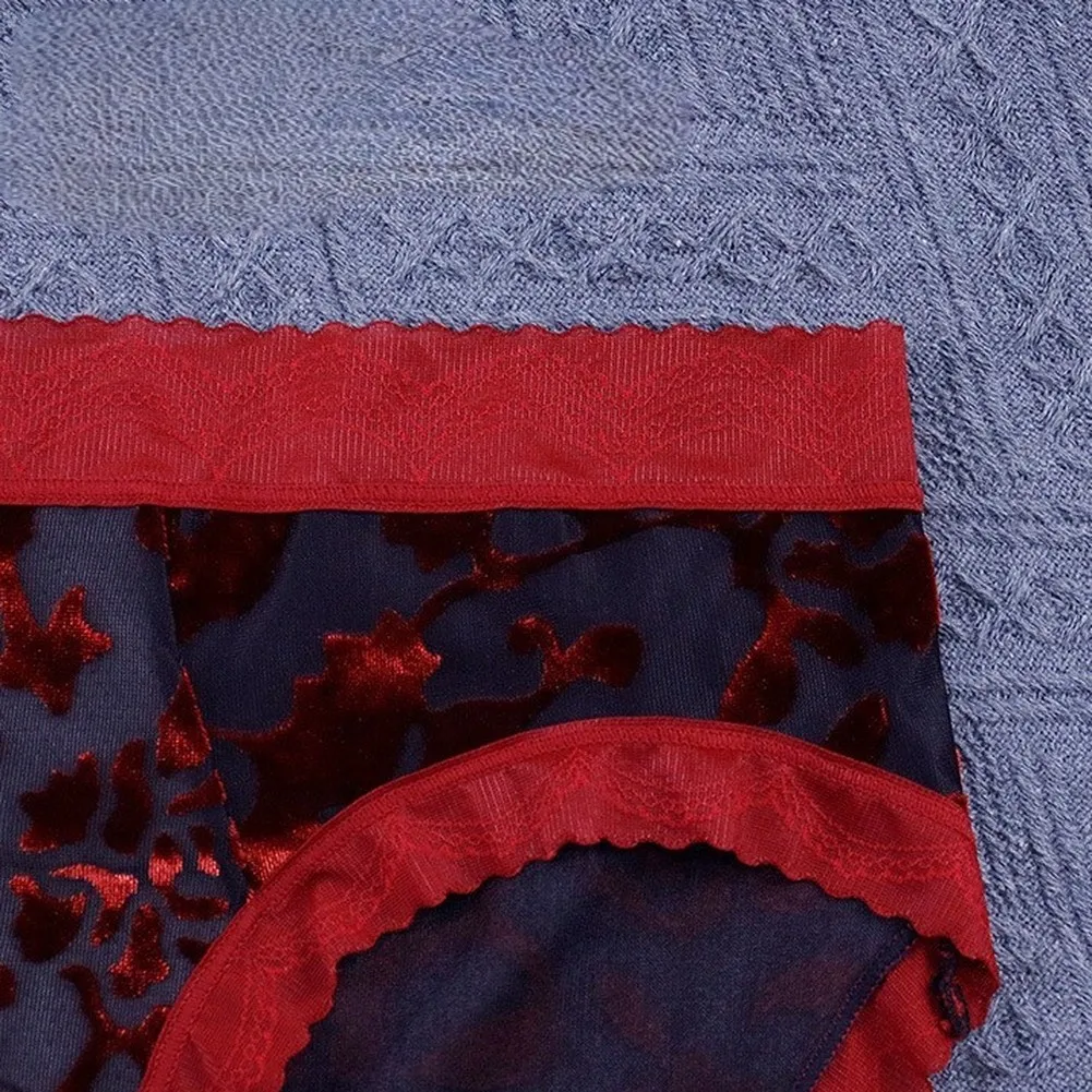 Sexy Sheer Men's Underwear Lace Trim Briefs U Pouch Sexy Fashion Flocking Printing Mesh Lingerie Panties Underpants