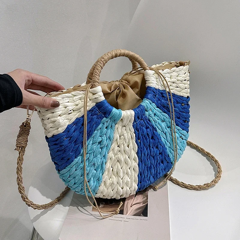 

Ladies Bags 2024 Handmade Bags for Women Beach Weaving Ladies Straw Bag Wrapped Beach Bag Moon Shaped Top Handle Handbags