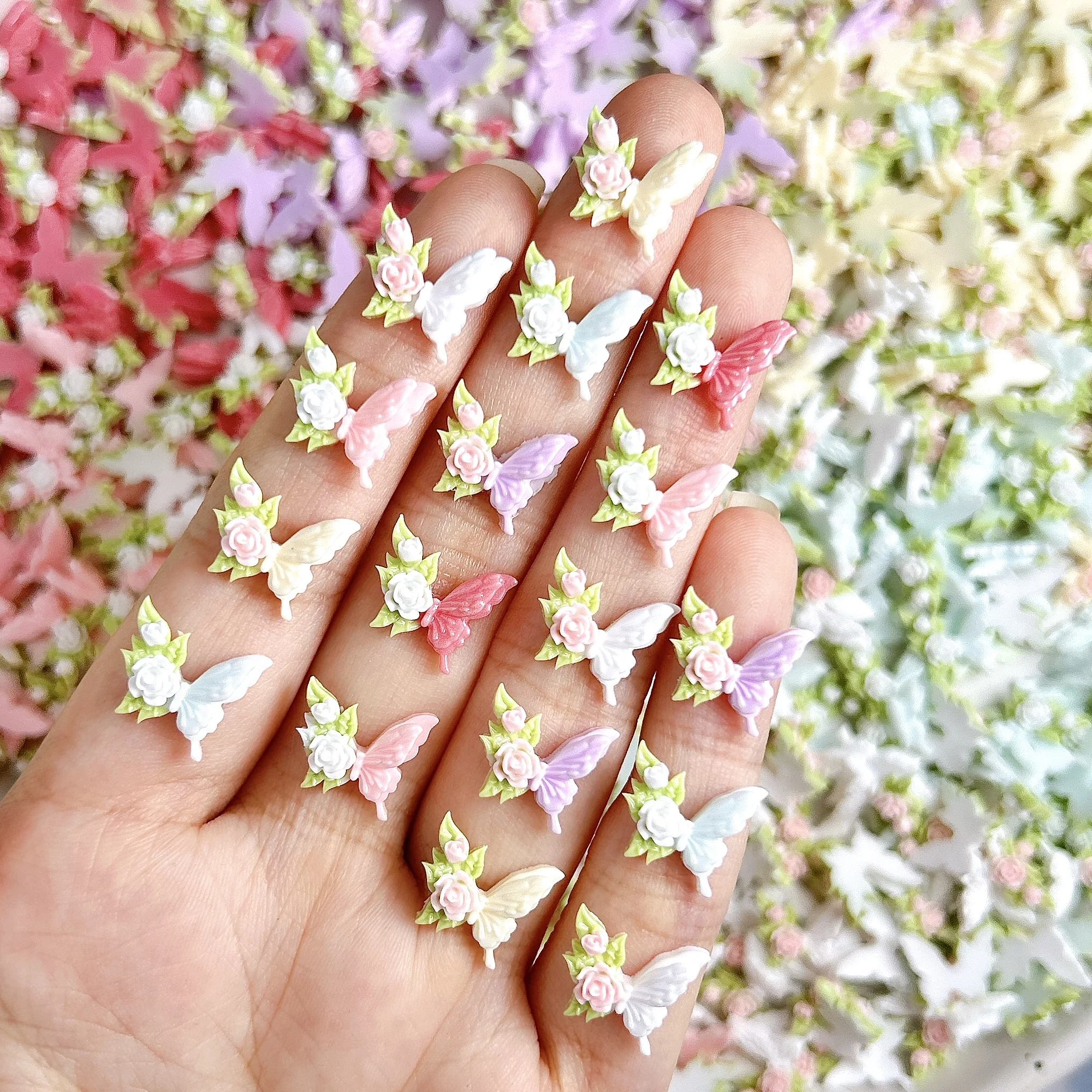 30 pièces 3D Dopamine couleur Rose papillon résine ongles breloques créatif lumineux feuille fleur papillon Nail Art décorations pour bricolage