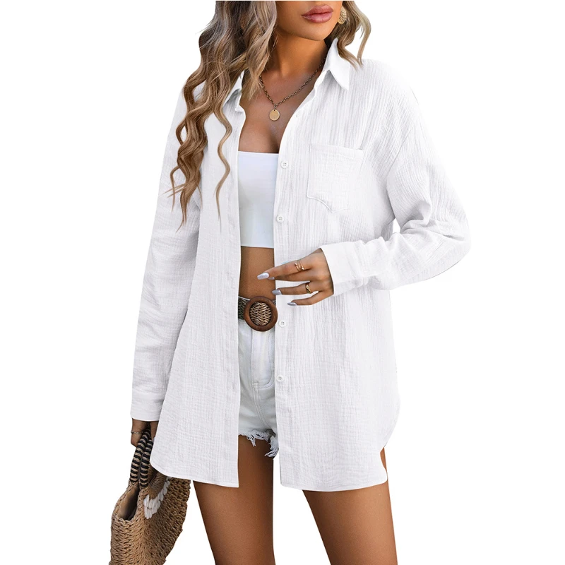 Women's Clothing Spring summer New Amazon Beach Cover Shirt Wrinkled Fabric Casual Shirt