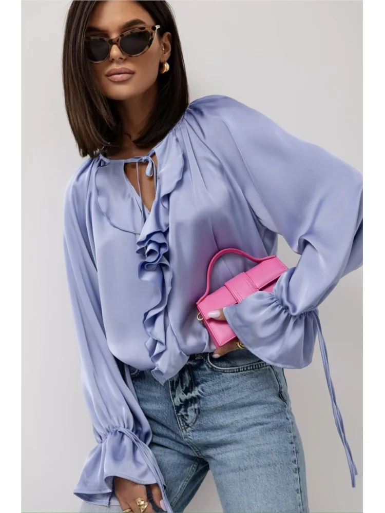 แฟชั่นผู้หญิงเสื้อลําลอง Flare Sleeve Lotus Leaf Edge Lace Up เสื้อชีฟองใหม่ Lady เดินทางชุดเสื้อผ้าฤดูร้อน