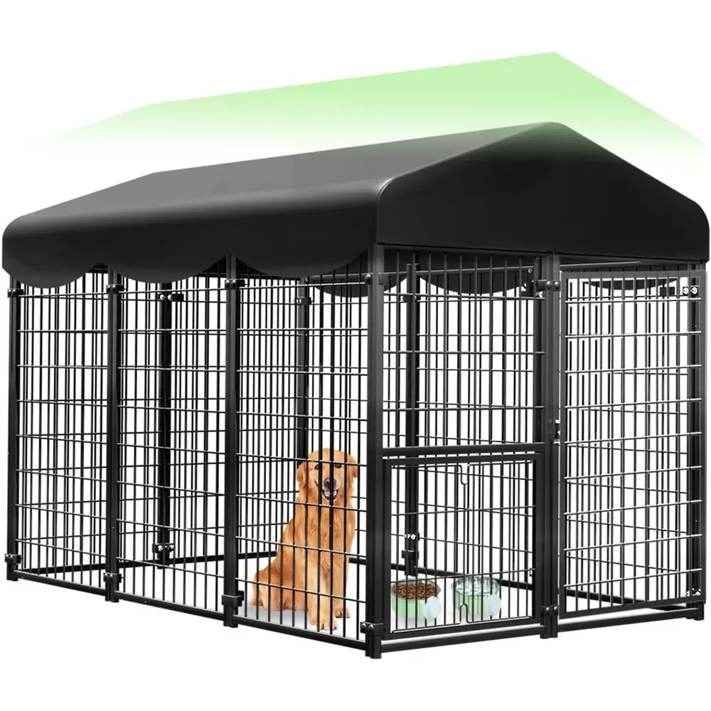 

Уличный вольер для собак, 6.2 фута x 4 фута x 4.5 фута, водонепроницаемая металлическая клетка, вращающаяся дверца для кормления, миски в комплекте