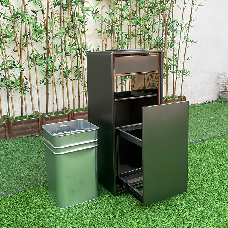 Hotel Shopping Malls Outdoor Stainless Steel Fruit Bins 45L Vertical Corridor Elevator Exit Smoke Bucket Metal Wood Storage
