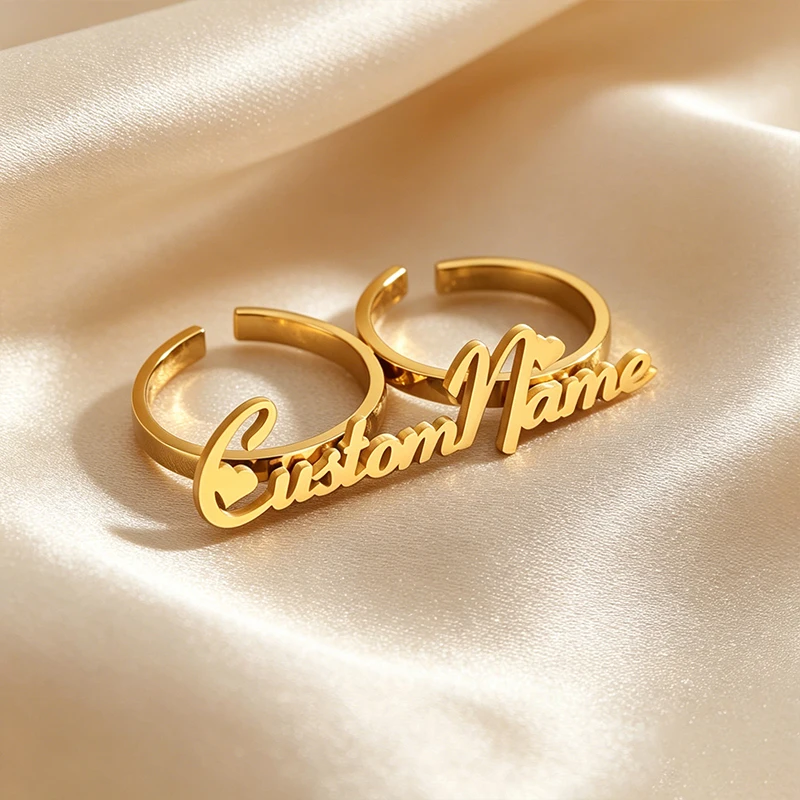 

Custom Couple Double Open Name Rings Customized Couple Wedding Rings Personalized Stainless Steel Women's Valentine'S Day Gifts