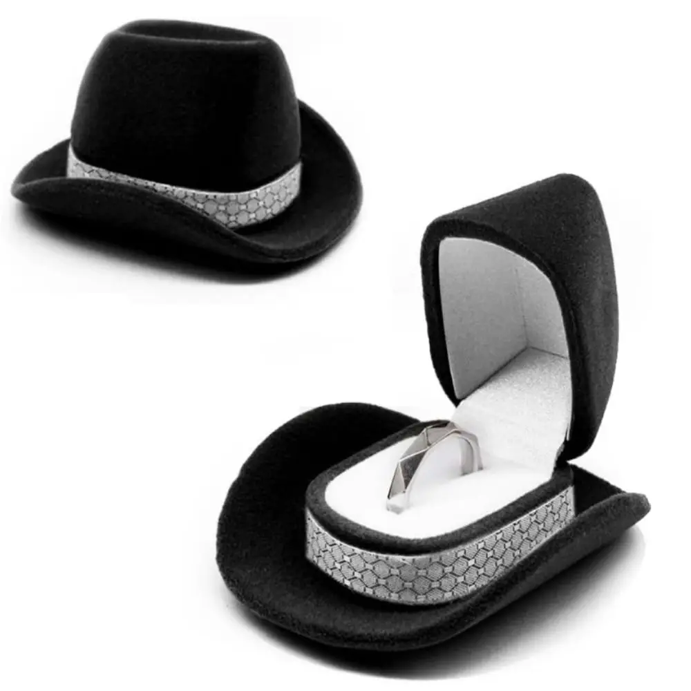 Vintage Western Cowboy Hat Ring Box Flocked Personalized Jewelry Storage Boxes Portable Fashion Creative Ring Box Girl