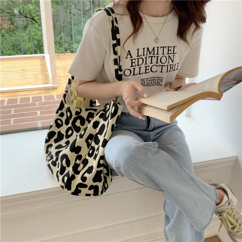 Leopard Print Canvas Bag para mulheres, grande capacidade, saco cosmético