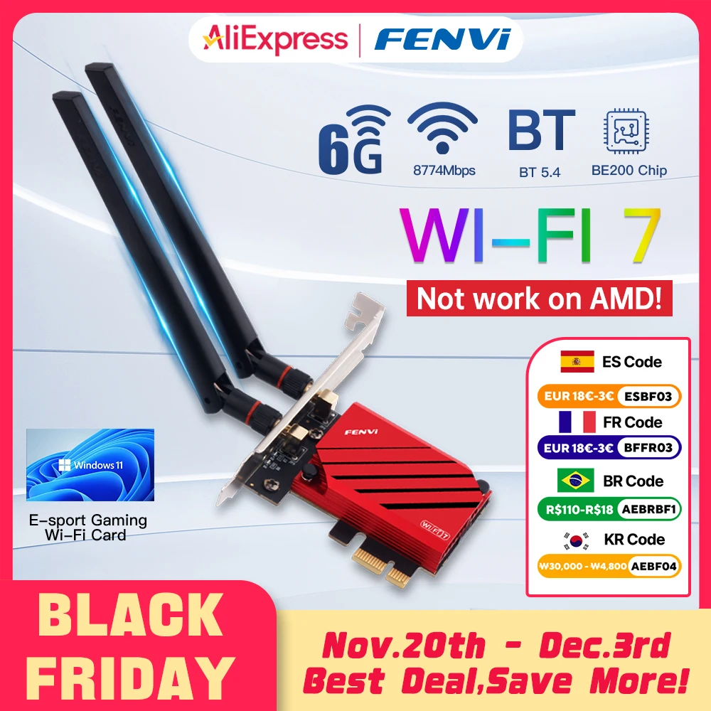 

fenvi WiFi 7 FV-BE8800 For Intel BE200 Pcie Wireless Adapter Bluetooth 5.4 Tri-band 2.4G/5G/6GHz Network Wifi7 Card 802.11be PC