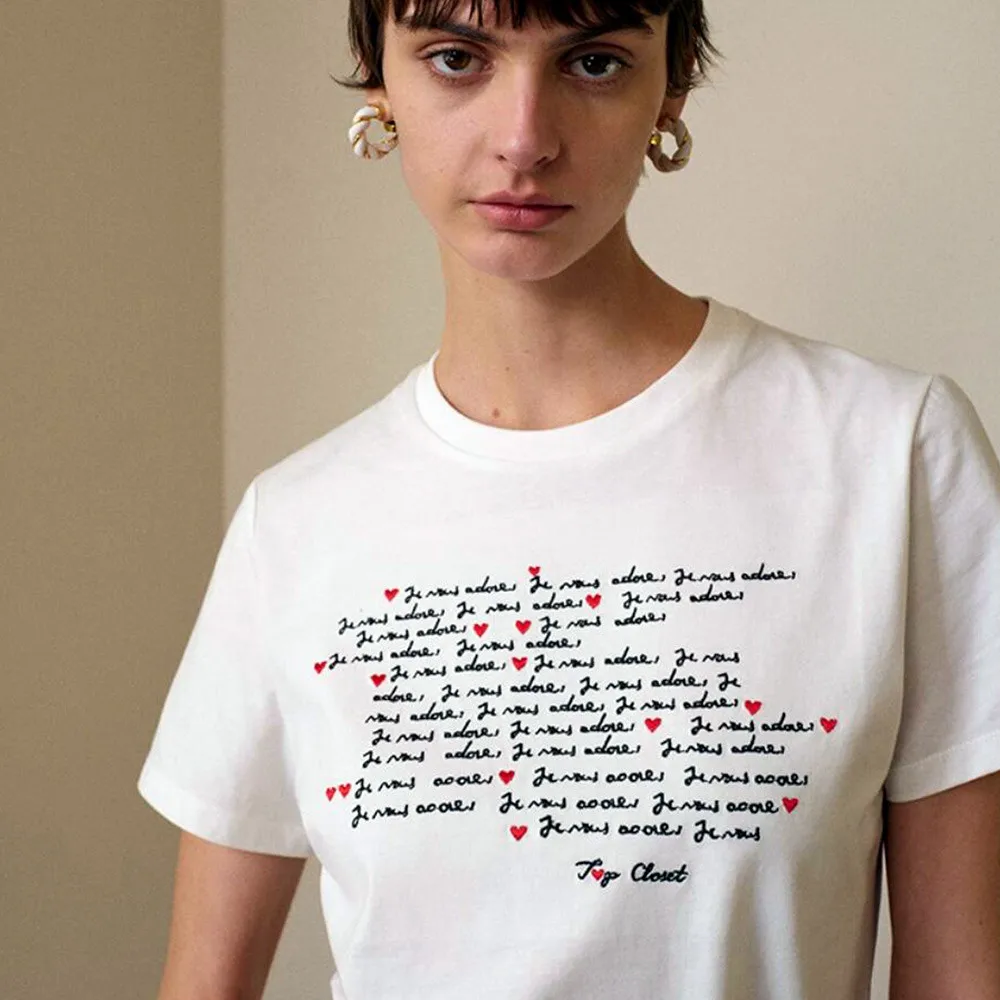 

French Vintage Style Letters Printing Chic White T Shirts Women Short Sleeve Loose Cotton Casual Tops Ins Fashion Elegant Tees