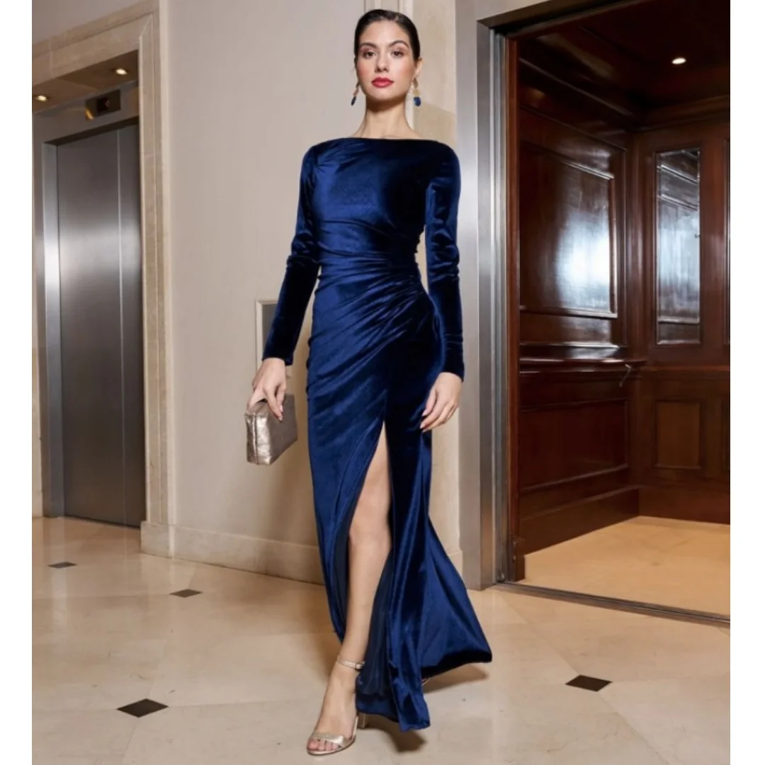 Velvet Boat Neck Long Sleeve Evening Dresses Vintage Pleated High Slit Backless Formal Occasion Dress Elegant Party Gown 2024