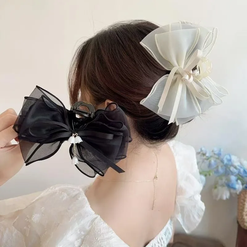 Neue große Mesh Bow Grab Clip Frühling und Sommer Damen High Sense Feste Haarnadel auf der Rückseite des Kopfes Shark Clip Crab Clip – Detail 17