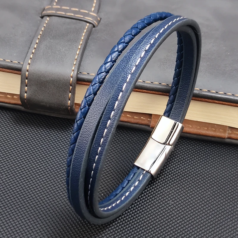 Fashion Blue Leather Bracelets Men Boys Stainless Steel Clasp Multilayer Braided Rope Bracelet for Male Female Bracelets Jewelry