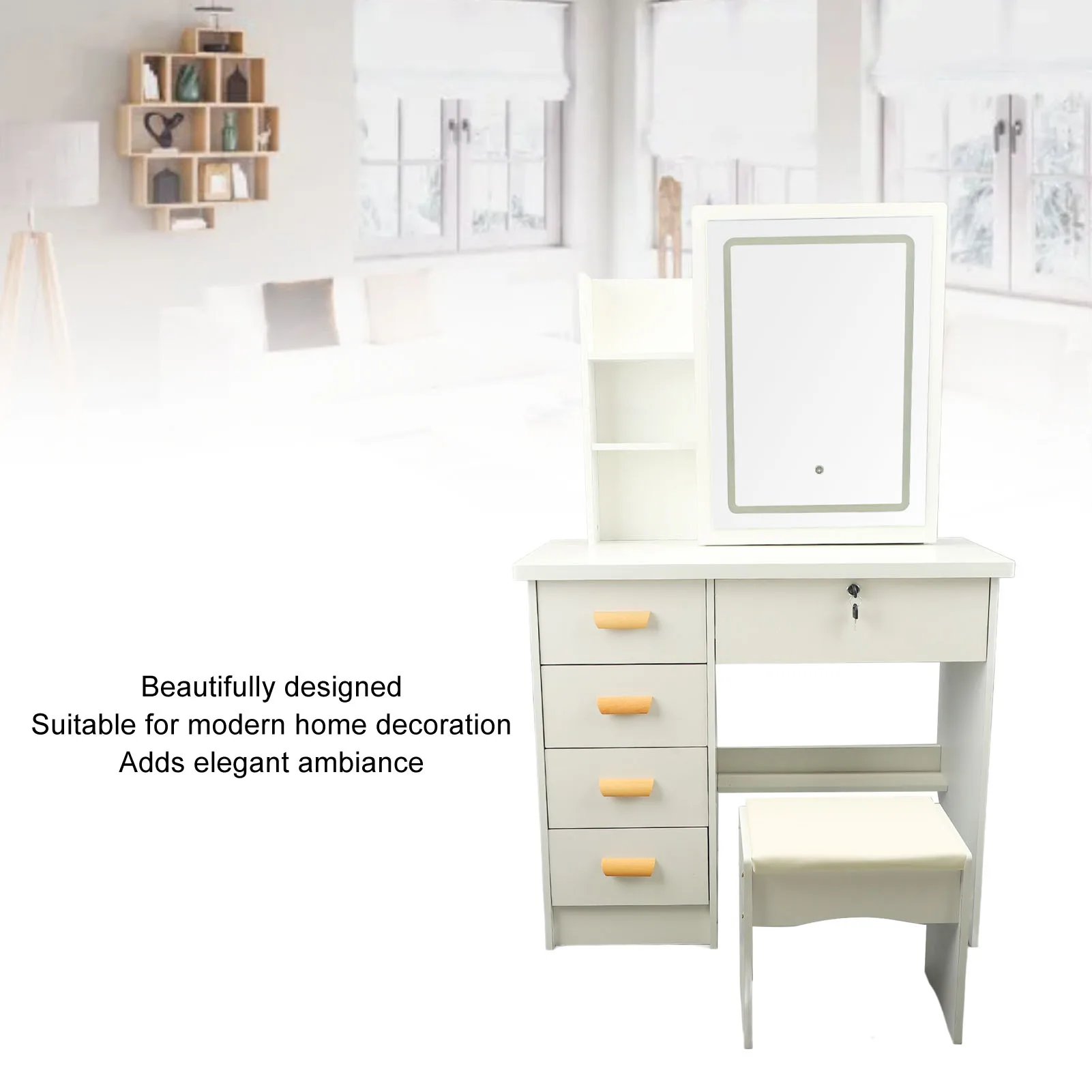 

Dressing Table Modern Multi Functional Lighted Mirror Vanity Desk with Drawers Shelves Padded Stool for Bedroom