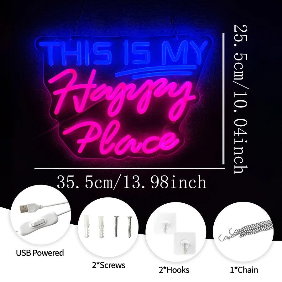 This is My Happy Place Neon Sign LED Neon Sign for Bedroom, Salon,College Dorm, Classroom, Wedding Party Decor Gift，USB powered