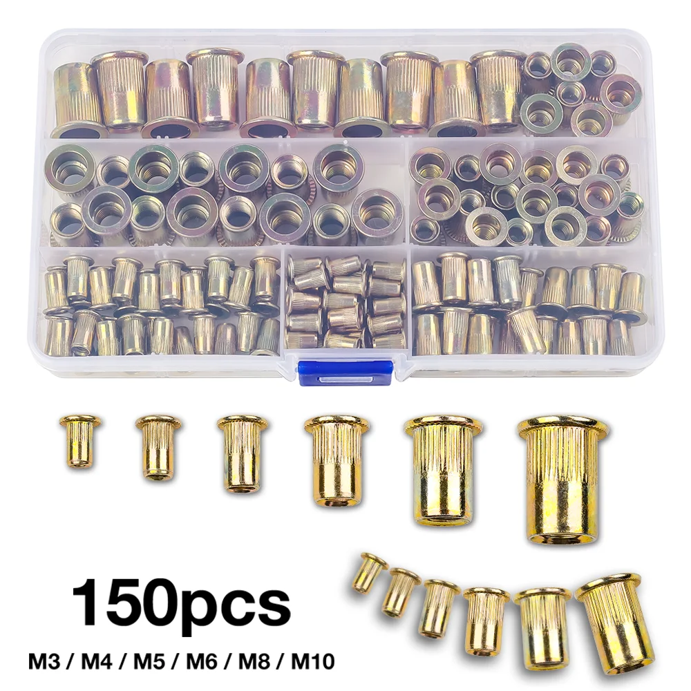 

Комплект из 150 метрических заклёпочных гаек, углеродистая сталь, плоская головка, резьбовая вставка, M3, M4, M5, M6, M8, M10, характеристики, крепежные элементы