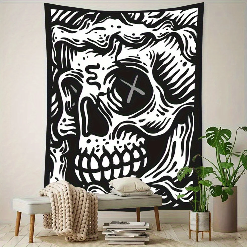 VIKAMA Wandteppich mit Totenkopfmotiv, aufwendiges Schwarz-Weiß-Design für Schlafzimmer oder Wohnzimmer, verleiht einen kühnen und einzigartigen Stil