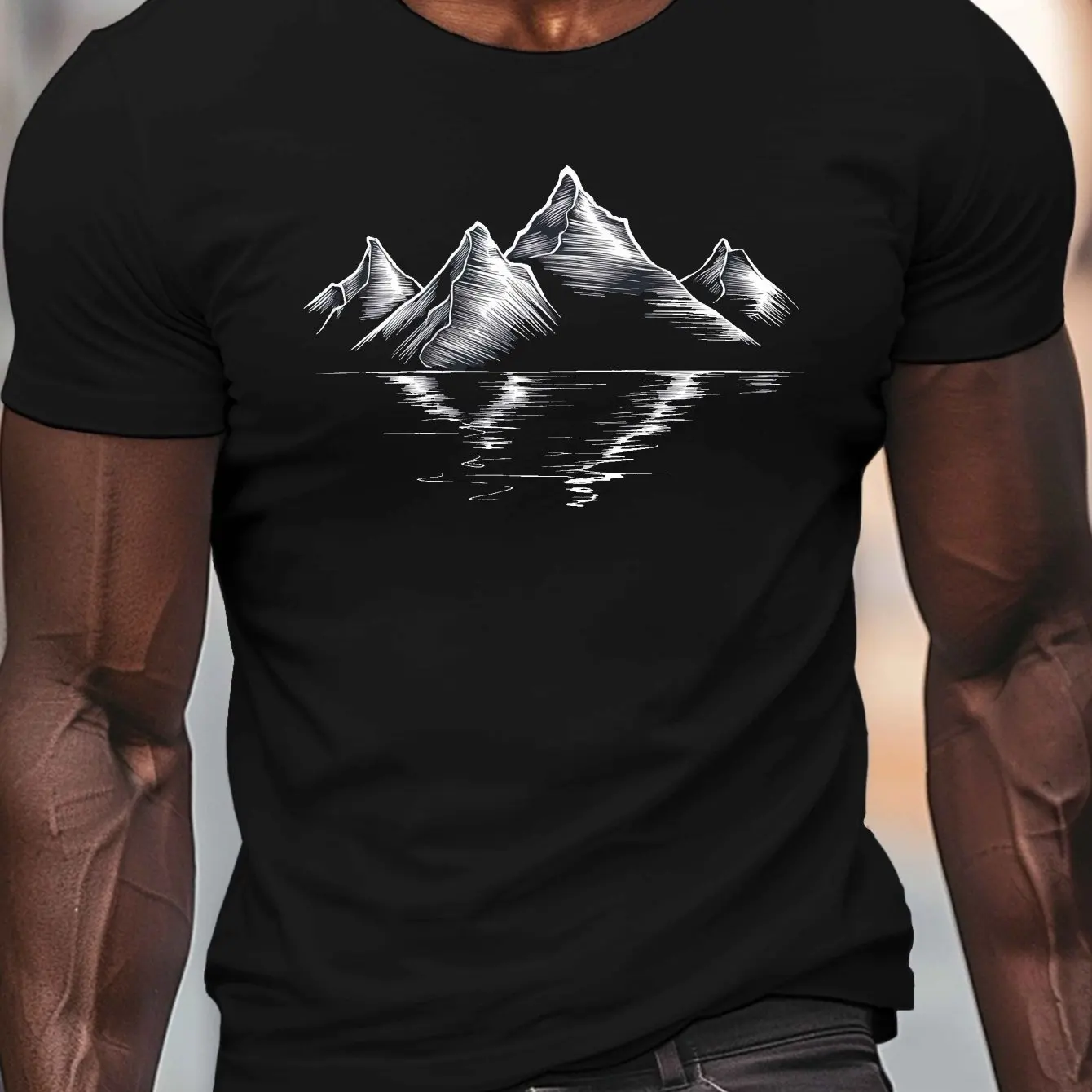 Men's Casual Royal T-Shirt with Serene Mountain Range Print Crew Neck, Short Sleeve Top Men Clothing Comfortable