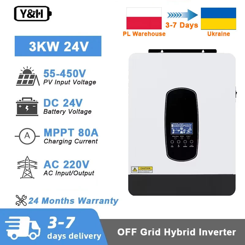 Y&H 1800KW 3000W Hybrid Solar Inverter 12V 24V DC to 230V AC Pure Sine Wave Off Grid Inverter Built-in 80A MPPT Solar Charger Controller Max PV 450V for Home Solar System LiFePO4 Lead Acid Battery WiFi Optional, Poland Warehouse Fast Shipping to Ukraine