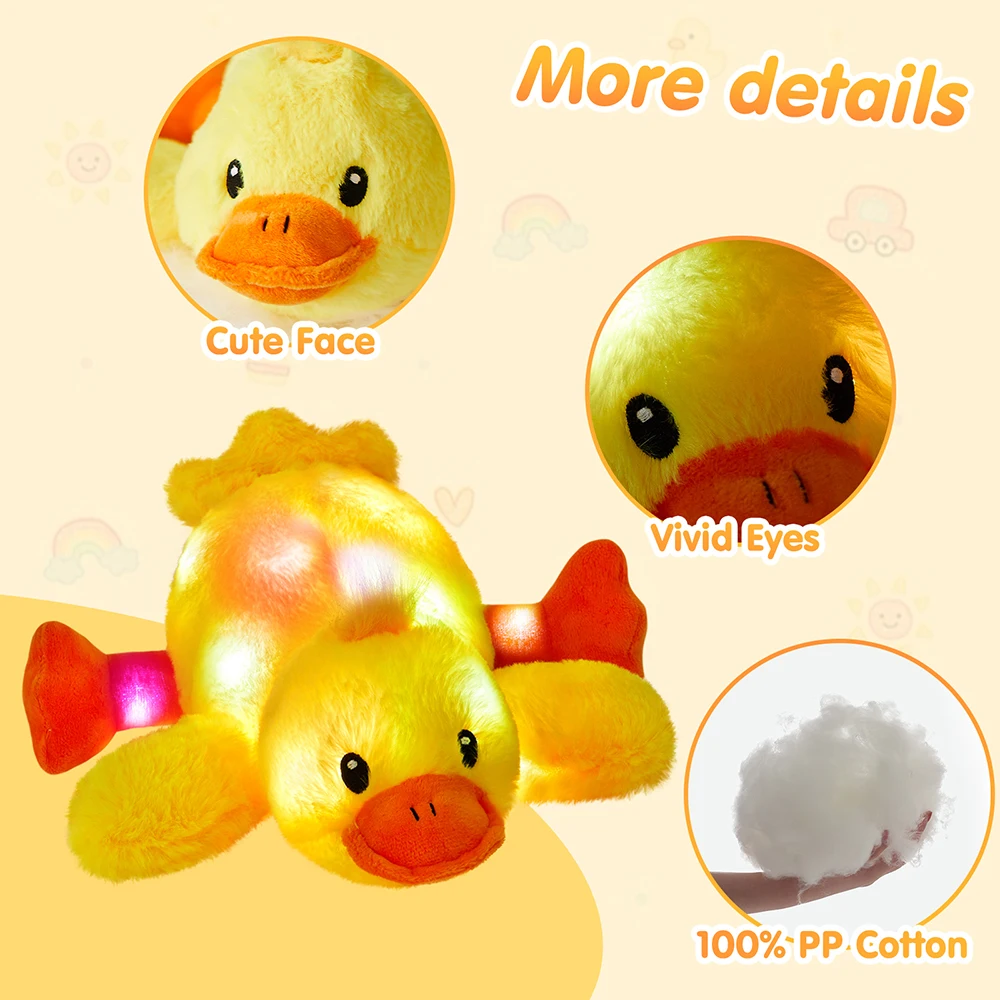 34cm Lying Yellow Duck Doll Stuffed Animal Doll Toys with LED Light-up Musical Cute Duck Plush Toys Glow Singing Gift for Girls