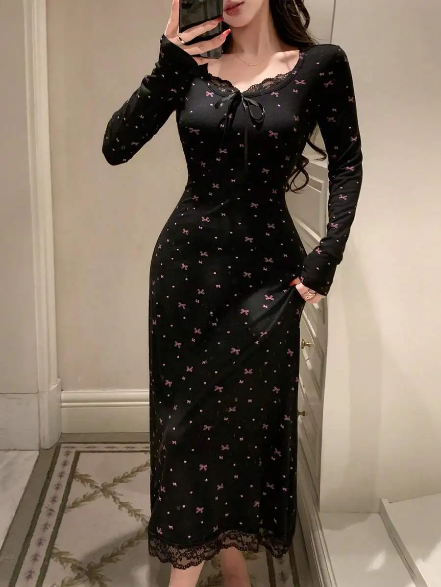 

Womens Long Sleeve Bow Print Nightgown With Lace Trim And Cinched Waist