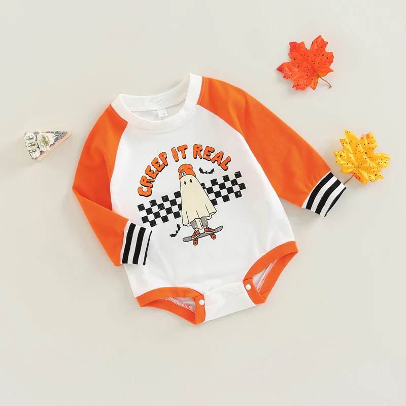 Baby Girl Boy Halloween Outfit Crewneck Sweatshirt Romper Color Block Sleeve Pumpkin Casual Top Fall Clothes