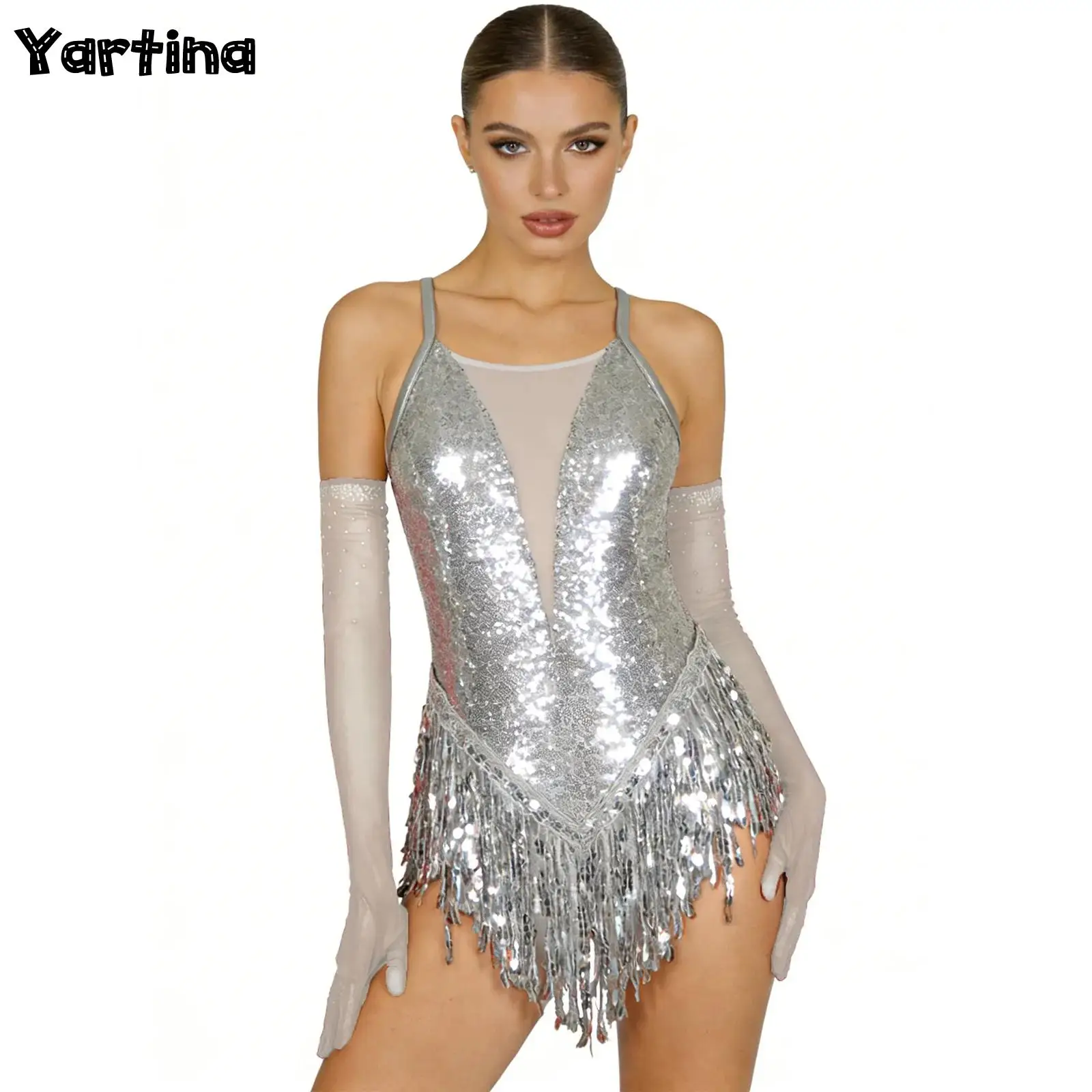 

Женский костюм для латинского танго, румбы, ча-ча, самбы, танцевальный костюм с перекрестной спинкой, сверкающее купальник с бахромой и 1 пара перчаток