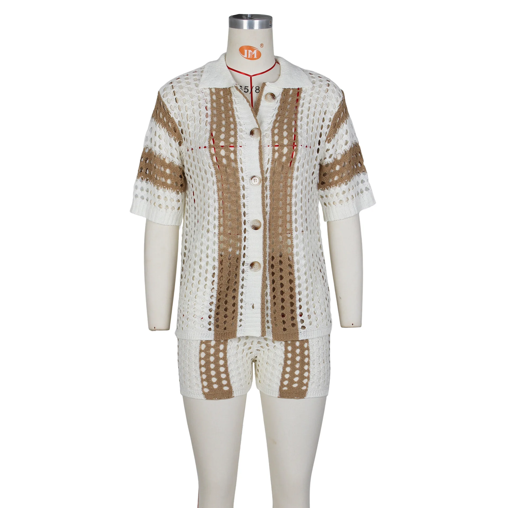 Sexy Women's Hollowed-out Perspective Lapel Knitted Shorts Set European and American Women's Clothing