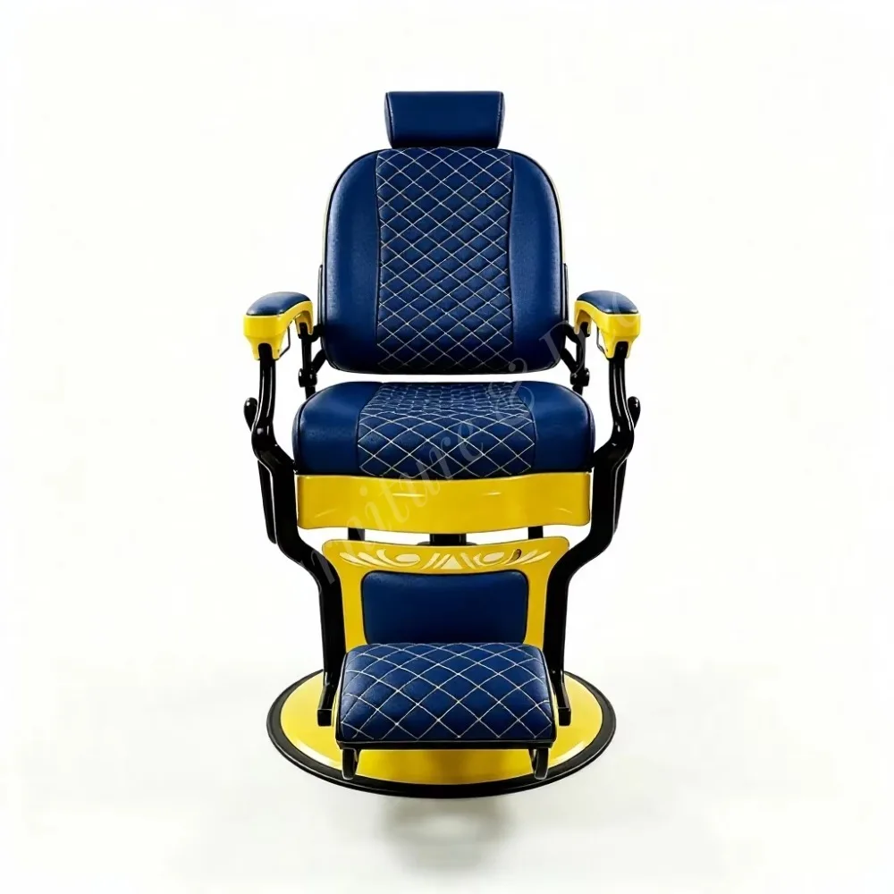 Vintage Blue Yellow Hydraulic Barber Chair, 360° Swivel Reclining Quilted PU Leather Salon Chair for Men Haircut