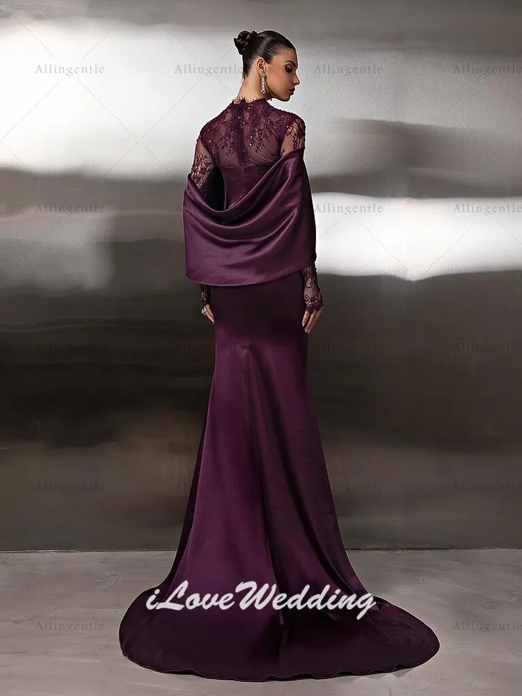 Elegante roxo sereia vestidos de noite alta pescoço até o chão mangas compridas vestido de ocasião formal فساتmaveraPersonalizzato