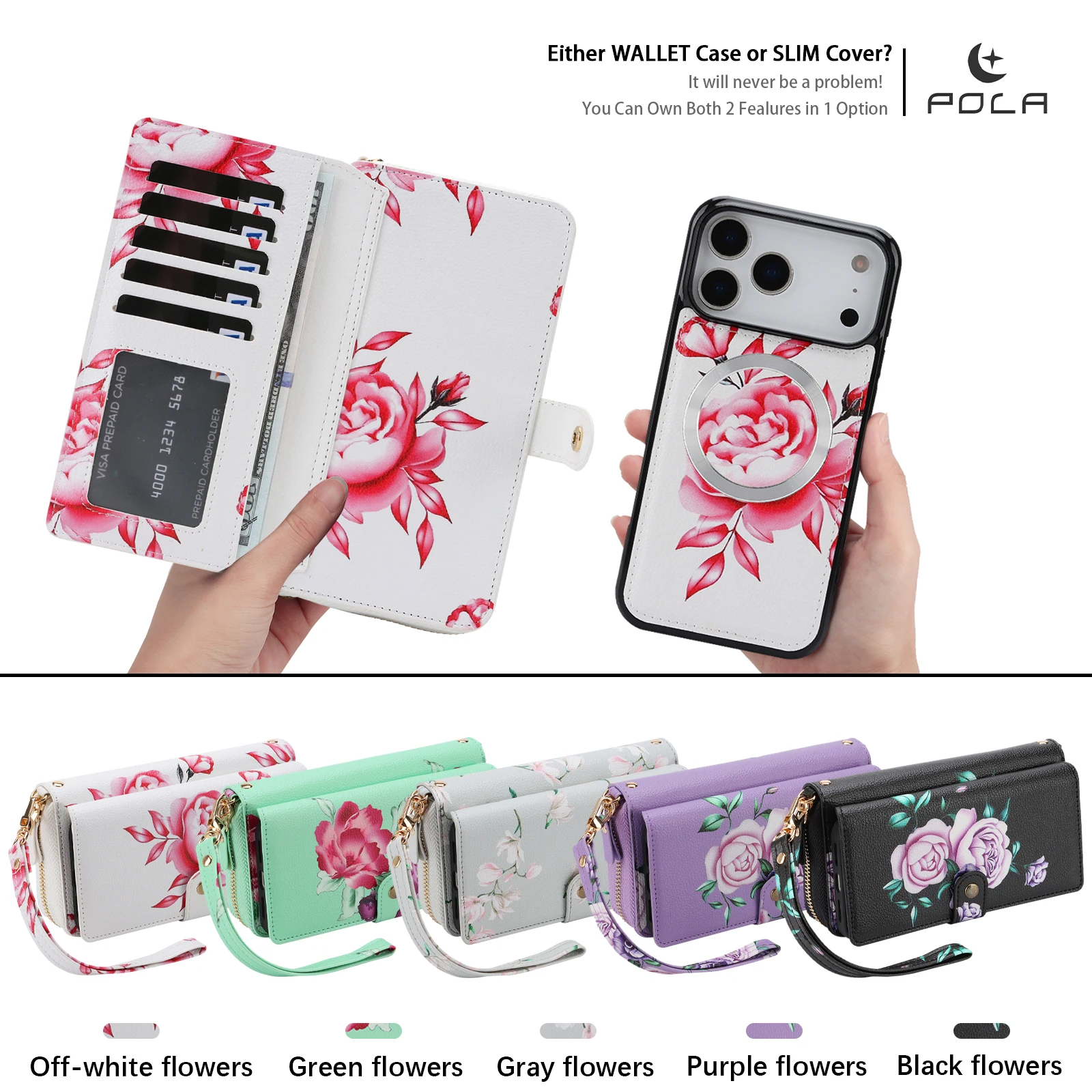 

Crossbody Flower Wallet Lanyard Case For iPhone 17 17Air 16 14 15 Plus 12 13 Pro Max Magsafe Charging 2 in 1 Detachable Cover