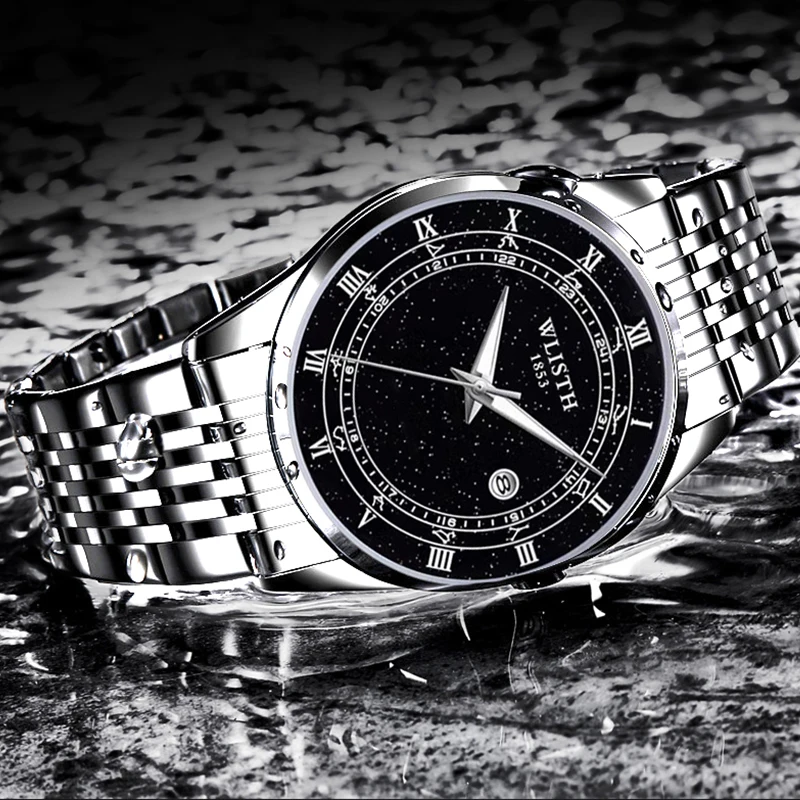 WLISTH Business Man Silver Wristwatch Luminous Stainless steel Watch Waterproof Fashion Luxury Mens Watch Quartz Wristwatch