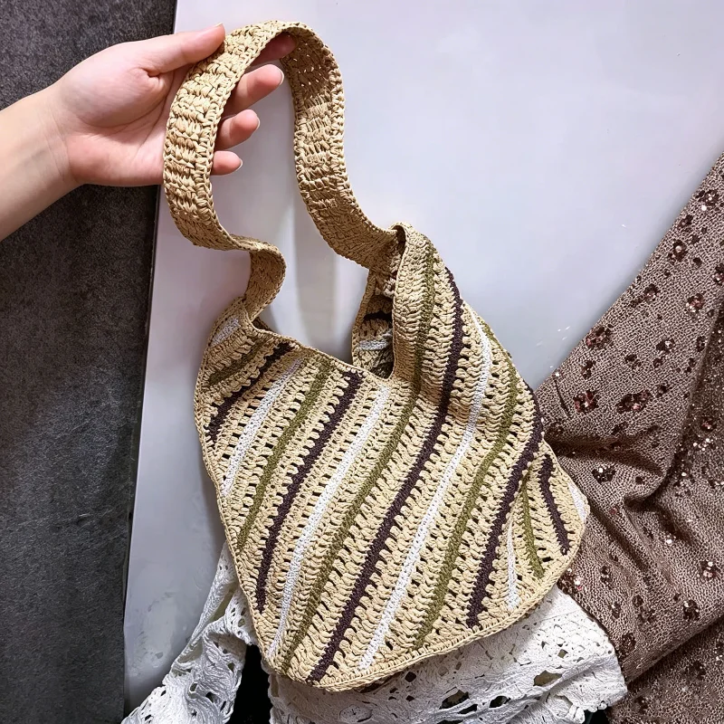 

Triangle Striped Grass Woven Tote Bag 2026 New Bohemian Handwoven Handbag Large Capacity Beach Shoulder Bag