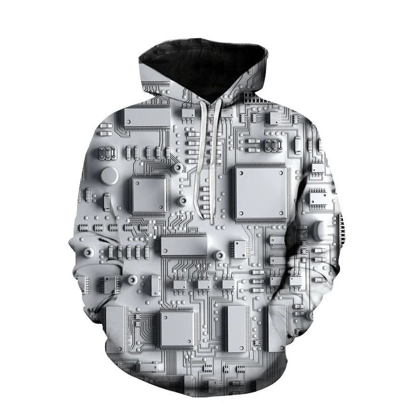 Electronic Chips Pattern Hoodie For Men Circuit Board 3D Print Long Sleeve Autumn Casual Pullover Tops Hoodies Loose Sweatshirt