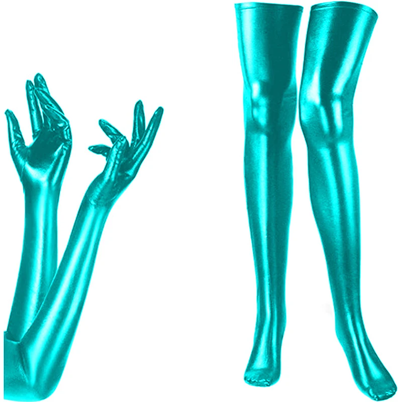 Conjunto de luvas e meias longas sexy para mulheres, cosplay exótico, acessórios de festa, luvas metálicas, meias, couro sintético, roupa de balada