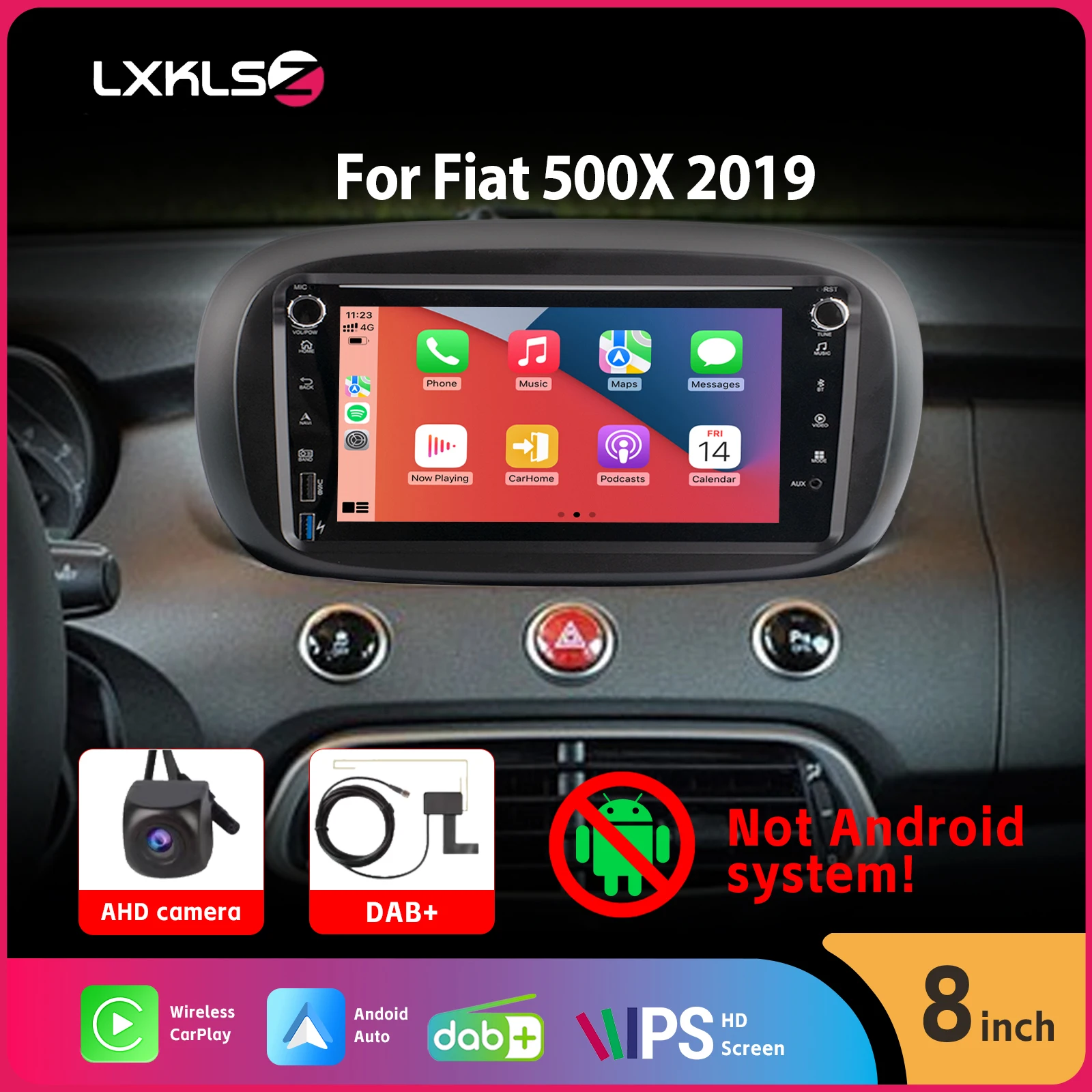 

8" IPS Touch Screen Car Radio with Wireless Carplay Android Auto BT SWC for Fiat 500X 2019 with DSP AHD Rear View Camera DAB+