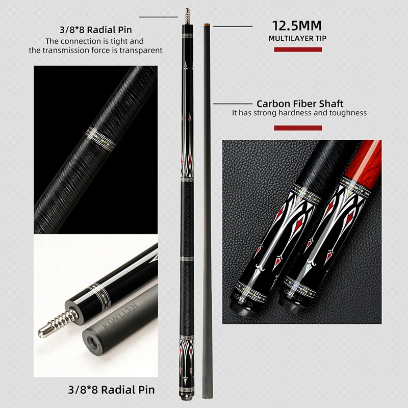 KONLLEN Carbon Fiber Pool Cue Stick PRO Taper Shaft Super Low Deflection Billiard Pool Cue Ebony Hand-Made Inlay Billiard Cues