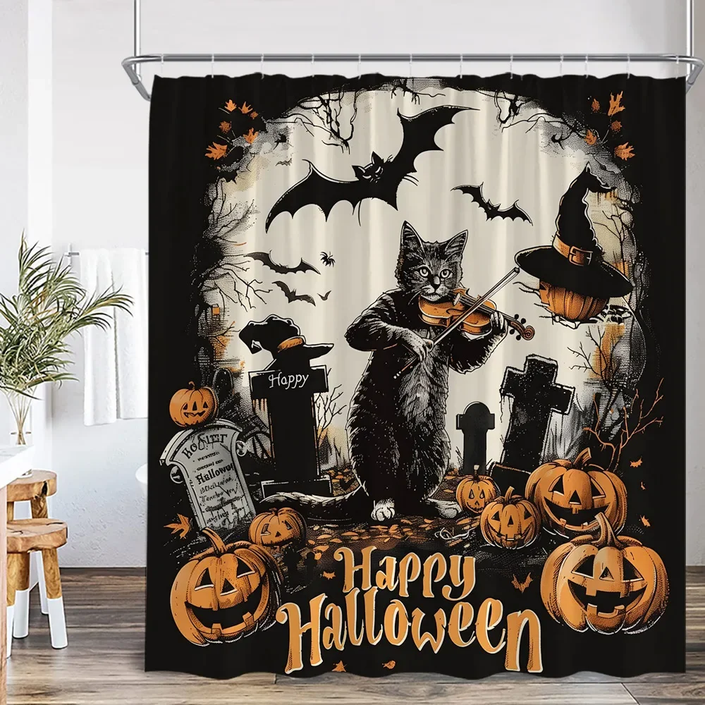 Black Witch Cat Halloween Shower Curtain Full Moon Horror Night Evil Pumpkin Graveyard Bathroom Decor Polyester Bathtub Curtain