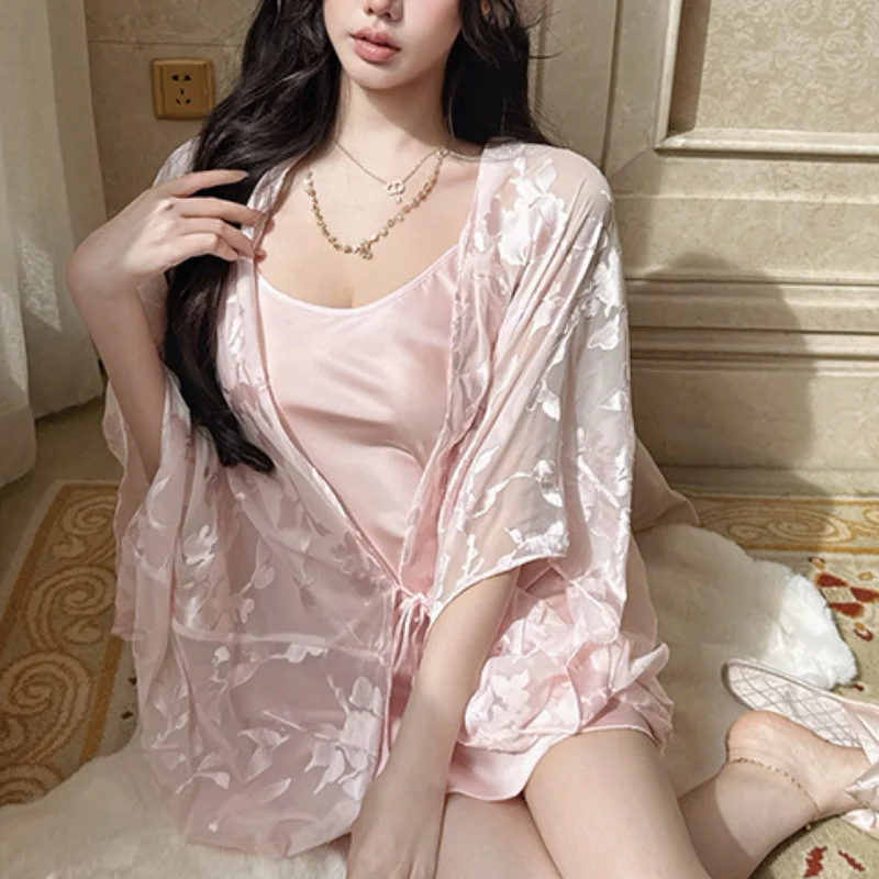 Elegant Nighty&Robe Set Nightgown Sexy Mesh Bathrobe Spaghetti Strap Nightdress Lingerie Sexy Vestidos De Novia Women Sleepwear