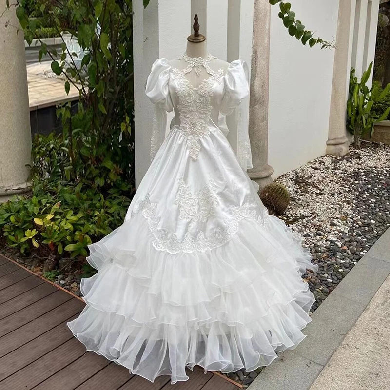 Anxin sh vintage branco tafetá flor renda artesanal o pescoço grande arco miçangas pérolas manga longa antigo vestido de casamento personalizado