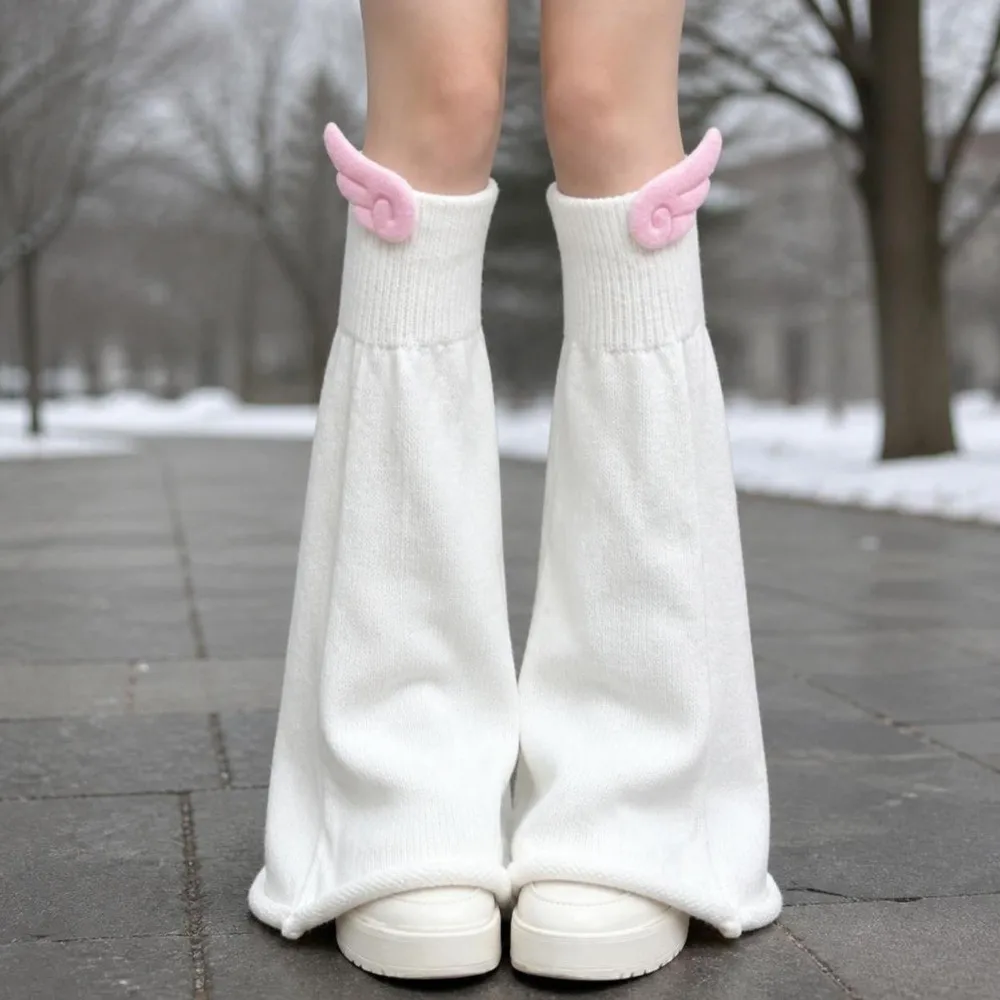 Knit Fabric Wing Decor Leg Warmers Calf Sleeves Design Wide Calf Fit Flare Leg Warmers Flared Shape Soft Knit Texture