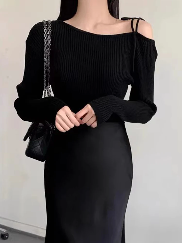 Irregular Skew Collar Ropa Mujer Off Shoulder Lace-up Roupas Feminina Fall Woman 2024 Tops Long Sleeve Sweater Korean Sueteres