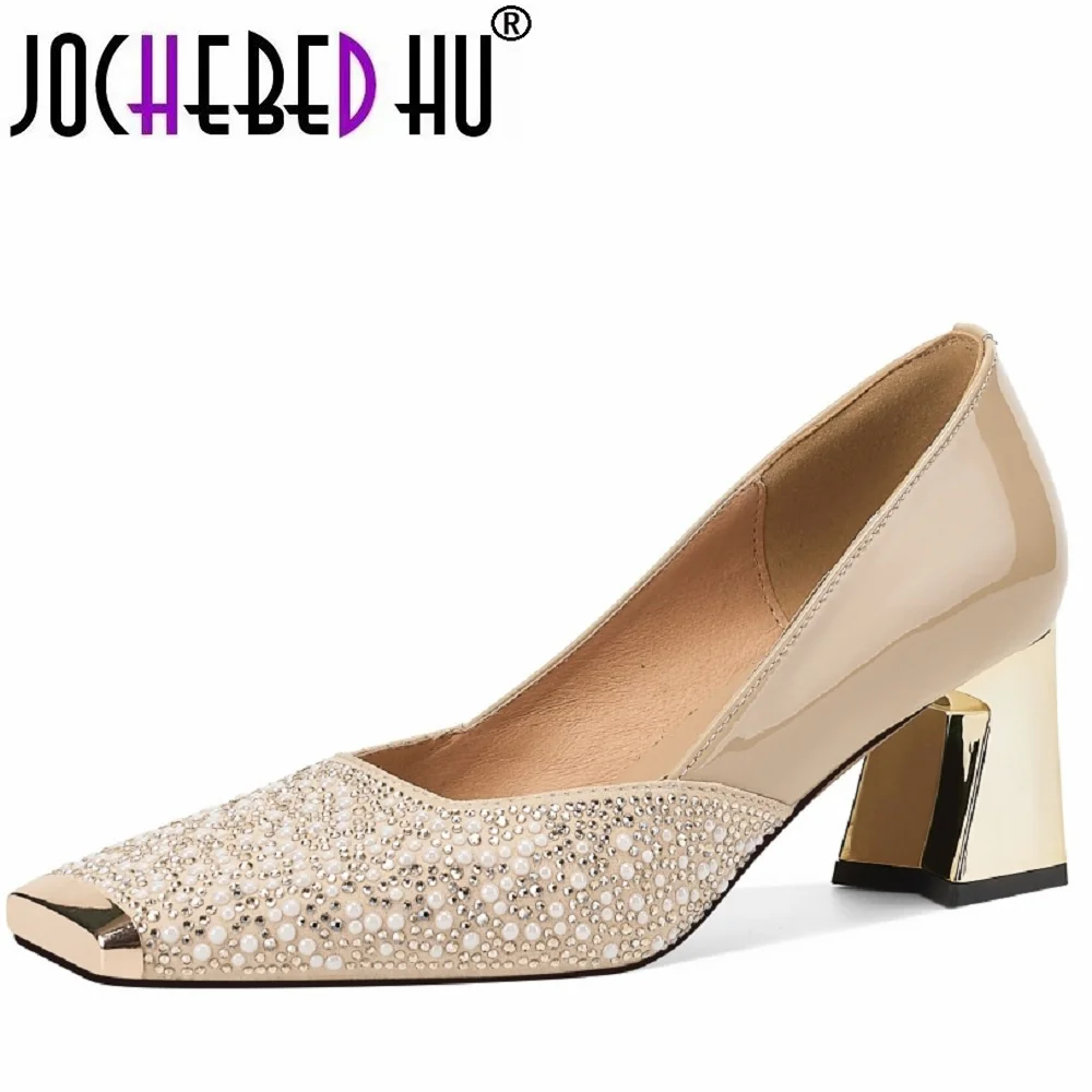 

【JOCHEBED HU】women's Handmade Genuine leather square toe slip-on crystal buckle med heel elegant ladies OL style shoes 34-40