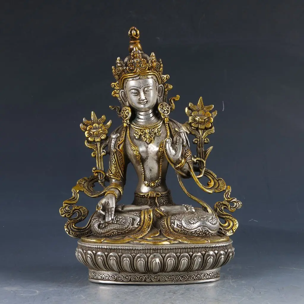Chinese Silver Copper Gilt Handwork Carved White Tara Statue