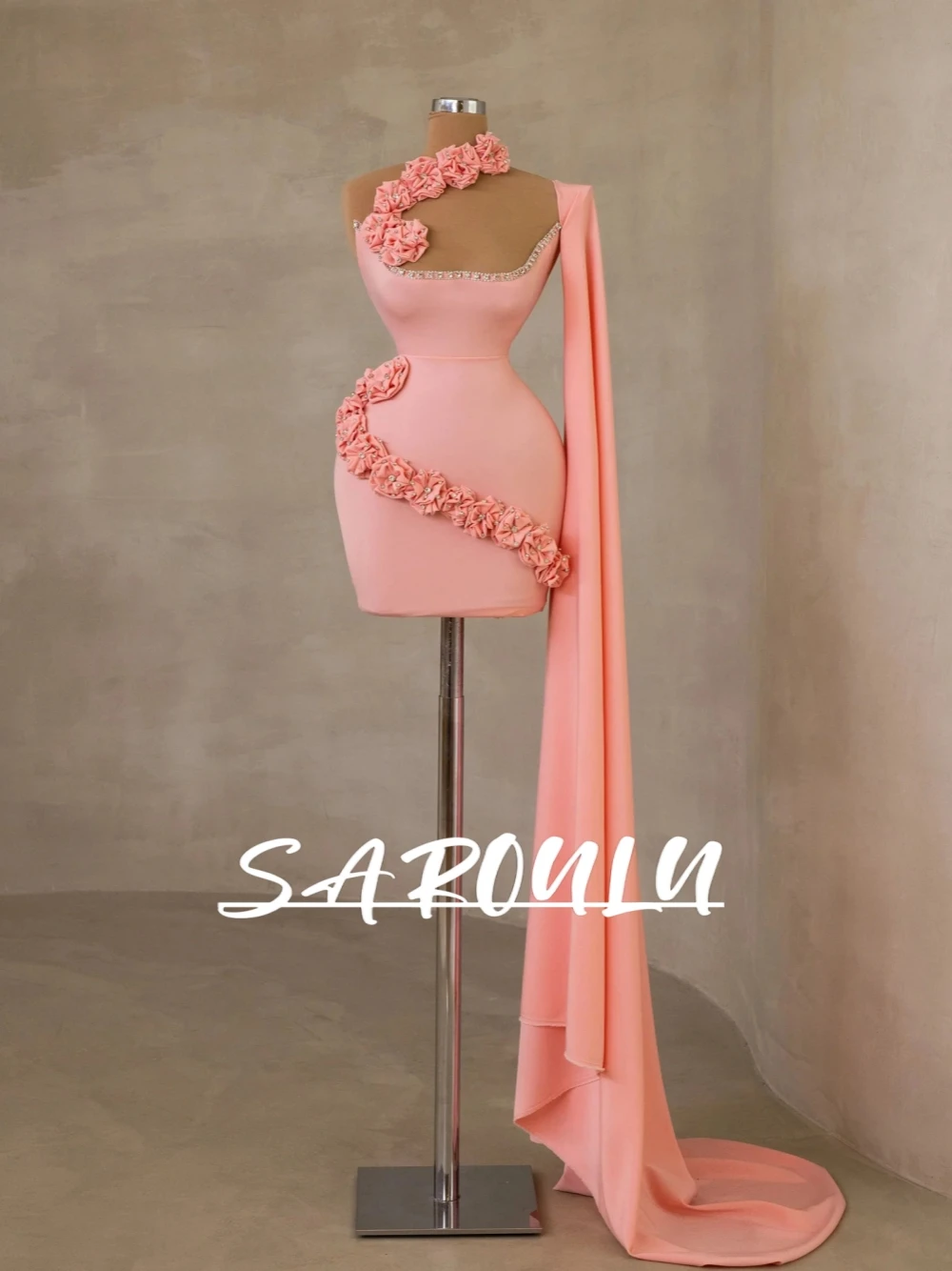 

Flowered Neckline Chic Short Evening Dress With Shoulder Cape Pink Flowy Satin Charming Homecoming Party Customized Prom Gown