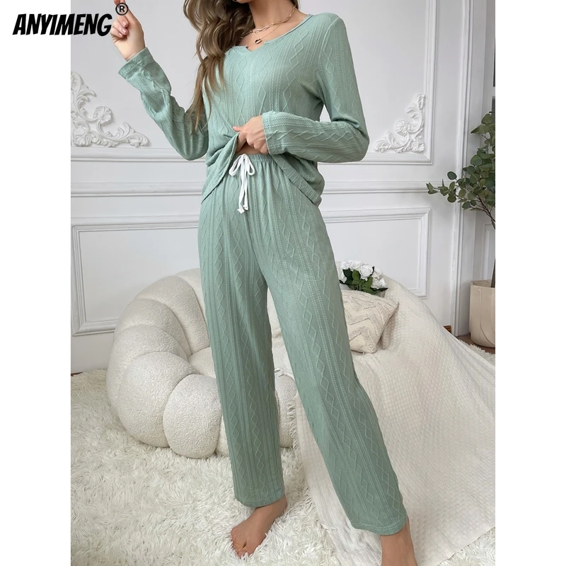 Aututmn Winter Women Solid Pajamas Jacquard Pajama Sets Milk Silk V-neck Sleepwear Elegant Women Pullover Pajama Sets