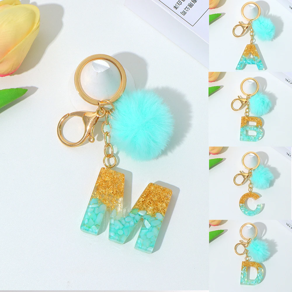 Bonito bola de pelúcia 26 letras chaveiro resina verde a a z iniciais nome chaveiro para mulheres masculino bolsa titular chave do carro acessórios