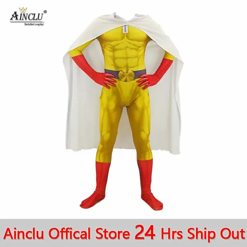 

Ainclu мужские костюмы для мальчиков ONE PUNCH MAN супергерой Сайтама косплей боди Хэллоуин комбинезоны наряды с плащом/накидкой ob; 8